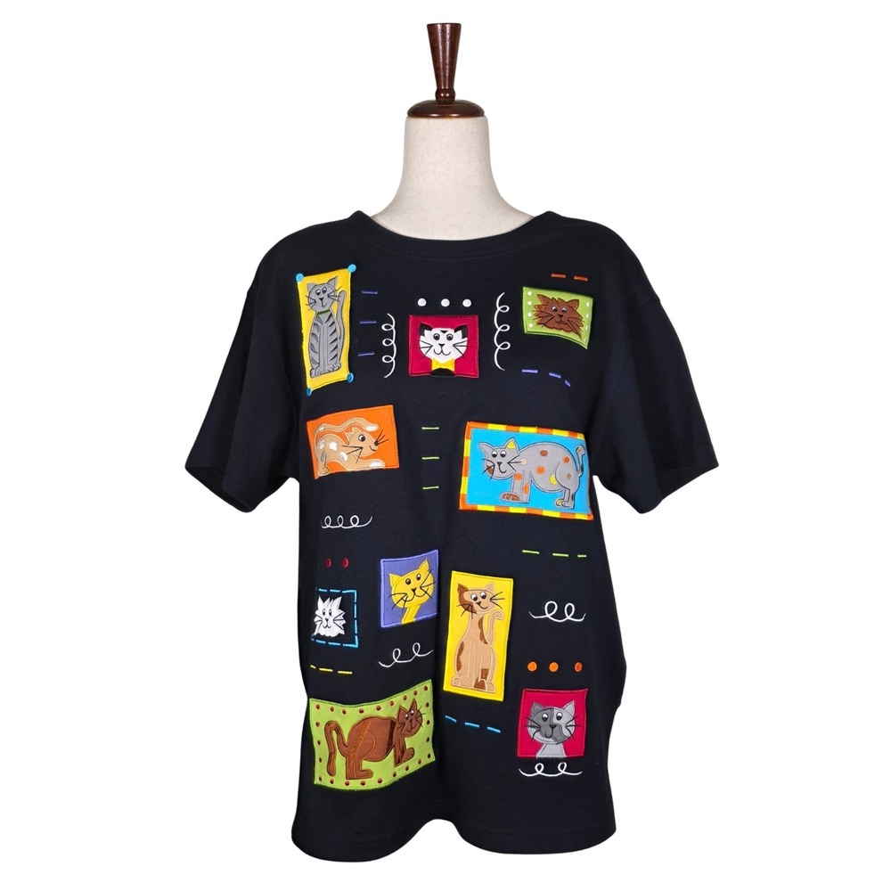 Vintage Wearable Art Cat Shirt Size L Embroidered 90s Mom Colorful Cottagecore - Picture 3 of 14